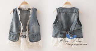 New Kids Clothing Lovely Girls Jean Style Lace Borders Vest Jackets Tops AGE2 7Y