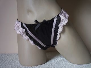 Soft Silky Black Satin 'N' Baby Pink Frilly French Maids Knickers Panties M L