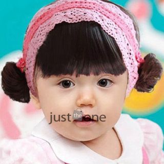 Pretty Baby Toddler Kids Girls Pink Lace Elastic Hairwrap Headband with Bang Wig