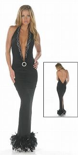 Sexy Glam Black Formal Evening Gown Rhinestone Feather