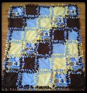 Personalized Monogram Custom Blue Brown No Sew Tie Baby Boy Blanket Quilt 40x47