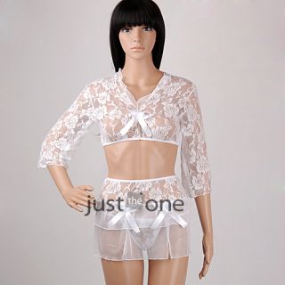 Women Ladies Sexy Lace Lingerie Sleepwear Tops Thong Skirt 3pcs Outfit White