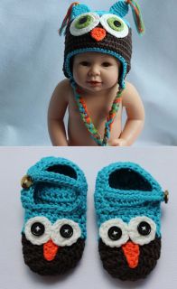 New Handmade Knit Crochet Sky Blue Brown Owl Baby Hats Shoes Newborn Photo Prop