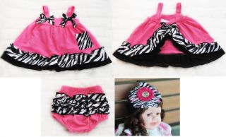 Kid Baby Cute Dress Set Top Pants Bloomer Headband Hot Pink Zebra Print