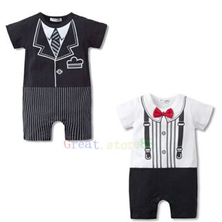 Baby Boy Kid Infant Toddler Romper Outfit Jumpsuit Tuxedo Print Bowtie Onepiece