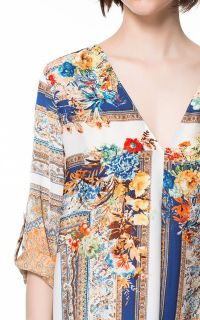 New Women European Fashion 3 4 Sleeve Flower Print V Neck Long Top Shirt B2121