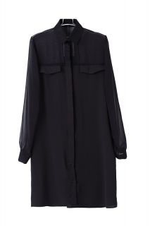 Womens European Fashion Chiffon Splice Long Sleeve Collar Dress Black B3653MS