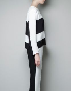 New Womens Fashion Crewneck White Black Block Splicing Knit Sweater B882