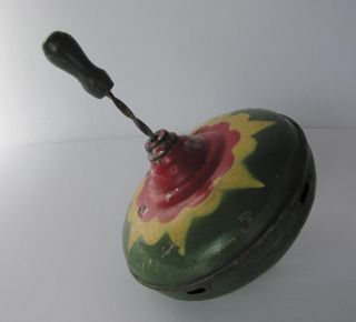 1960s Vintage Child Whipping Top Tin Toy w Wooden Handle