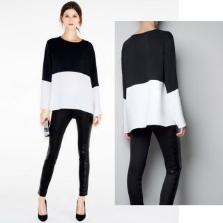 New Womens European Fashion Crewneck Loose Black White Splicing T Shirt B883