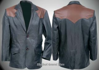 Mens Black Brown Western Style Solid Cowhide Leather Sport Jacket Coat Blazer