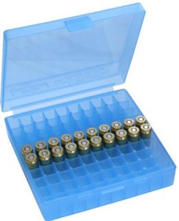 New MTM 100 Round Flip Top Ammo Box 40 45 10mm Cal Clear Blue