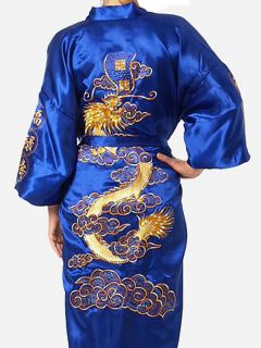 Blue Chinese Style Men's Silk Bathrobe Gown Robe Size M L XL XXL