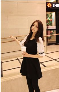 New Womens Korean Fashion Classic Black White Chiffon Cuffs Bow Dress H330