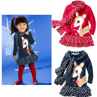 Girls Clothes Outfit Baby Kids Cartoon Deer Tutu Dresses Scarf Set Sz 6M 5Y