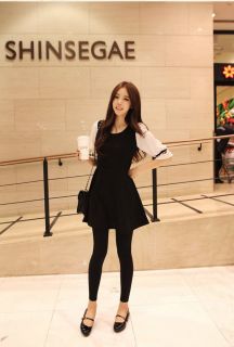 New Womens Korean Fashion Classic Black White Chiffon Cuffs Bow Dress H330