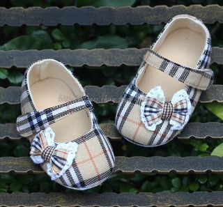 Newborn Reborn Baby Girl Plaid Soft Sole Shoes Bows Mary Jane Size 3 6 9 Months
