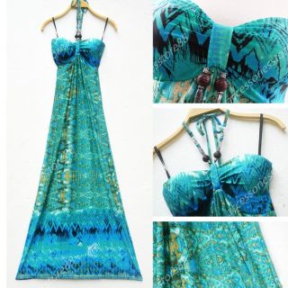 Vintage Boho High Waist Padded Halter Sleeveless Floral Long Maxi Beach Dress