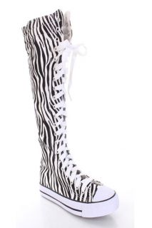 Girls Knee High Tall Canvas Boot Zebra Print Sneaker Black w Color Laces Cheer