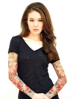Wild Rose Ladies Burnout T Shirt Tattoo Sexy Mesh Long Sleeves
