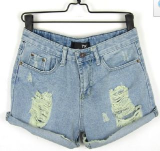 Vintage Retro Women Girl Light Blue High Waist Flange Hole Jeans Denim Shorts T5