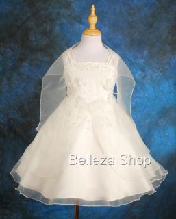 White Wedding Flower Girls Pageant Formal Dress w Shawl Toddler Size 3 4T FG028