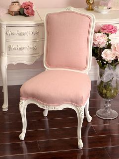 Shabby Cottage Chic White Pink Linen Slipper Petite Vanity Chair Floral Cute