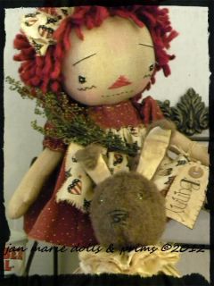Primitive Folk Art Doll Raggedy Ann w Vintage Style Itty Bitty Bunny JMDP