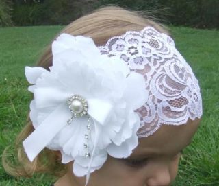 Baby Girls Lace Headband Peony Flower White Ivory Headwrap Christening Wedding