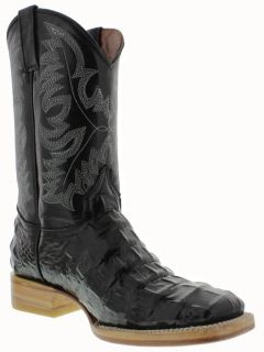 Men's Black Leather Crocodile Alligator Square Cowboy Boots Western Rodeo Biker