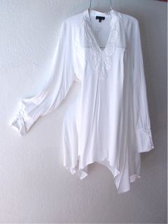 New Long White Crochet Lace Blouse Shirt Tunic Boho Peasant Top 12 14 L Large