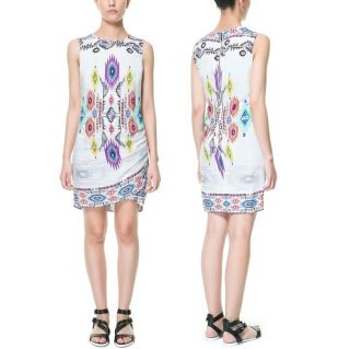 New Womens European Fashion Crewneck Sleeveless Print Pleated Mini Dress B2105C