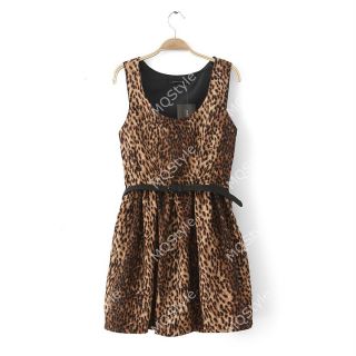 Womens Girls Fashion Leopard Crewneck Sleeveless Sexy Mini Dress B2842