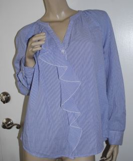 Ann Taylor Loft Size M Blouse Blue White Stripes Ruffle Front 100 Cotton Shirt