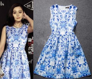 New Womens Chinese Fashion Blue White Porcelain Sleeveless Chiffon Dress B2072