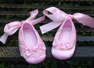 Baby Girl Pink Lace Trim Crib Shoes Rose Ballerina Slippers Newborn to 12 Months