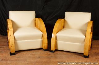 Pair Art Deco Club Chairs Blonde Walnut Seat 1920s Furniture