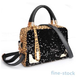 Women's Purse Hobo Clutch Bag Black Leopard Handbag Sequins Bling Shoulder Bags