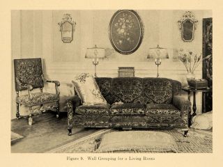 1920 Print Living Room Furniture Couch Sofa Pillow Lamp Original Historic Image