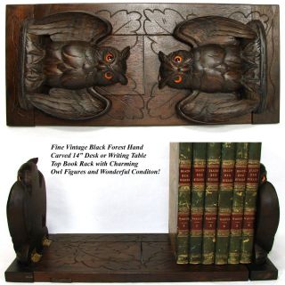 Black Forest Hand Carved 14 Desk or Writing Table Top Book Rack, OWLS