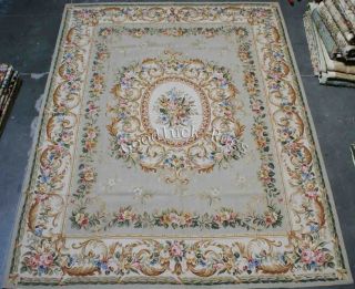 8'x10' Handmade French Aubusson Design Roses Wool Needlepoint Green Area Rug