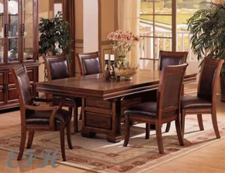 7pc Westminster Brown Cherry Finish Wood Dining Table Set Nailhead Leather Chair