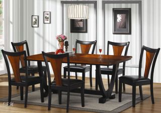 New 7pc Boyer Modern Two Tone Black Cherry Finish Wood Dining Table Set