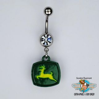 John Deere Style Belly Ring Bar Yellow and Green and CZ Dangle Navel Ring 14g