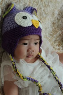 Cute Handmade Cotton Baby Girl Owl Hat Beanie Light Purple Newborn Photo Prop