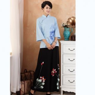 White Blue Purple Chinese Women's Cotton Tops Shirt Blouse Sz M L XL 2XL 3XL