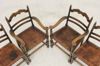 Antique Scottish Oak Ladder Back Dining Chairs with Original Leather Seats