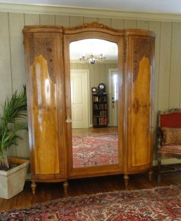 French Antique Art Deco Armoire Wardrobe 3 Door Carved Roses Walnut Shelves