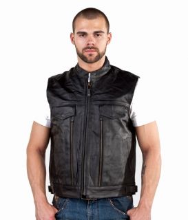 Mens Carry Concealed Leather Motorcycle Biker Club Vest 4 Gun Firearm Pockets