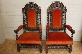 1111016 1 Pair of French Carved Oak Renaissance Hunt Barley Twist Arm Chairs
